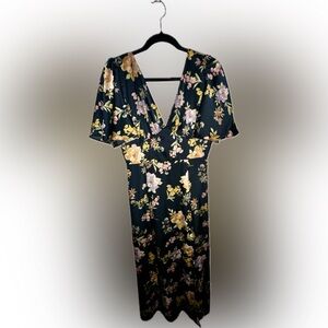Floral black satin women’s midi dress size large.